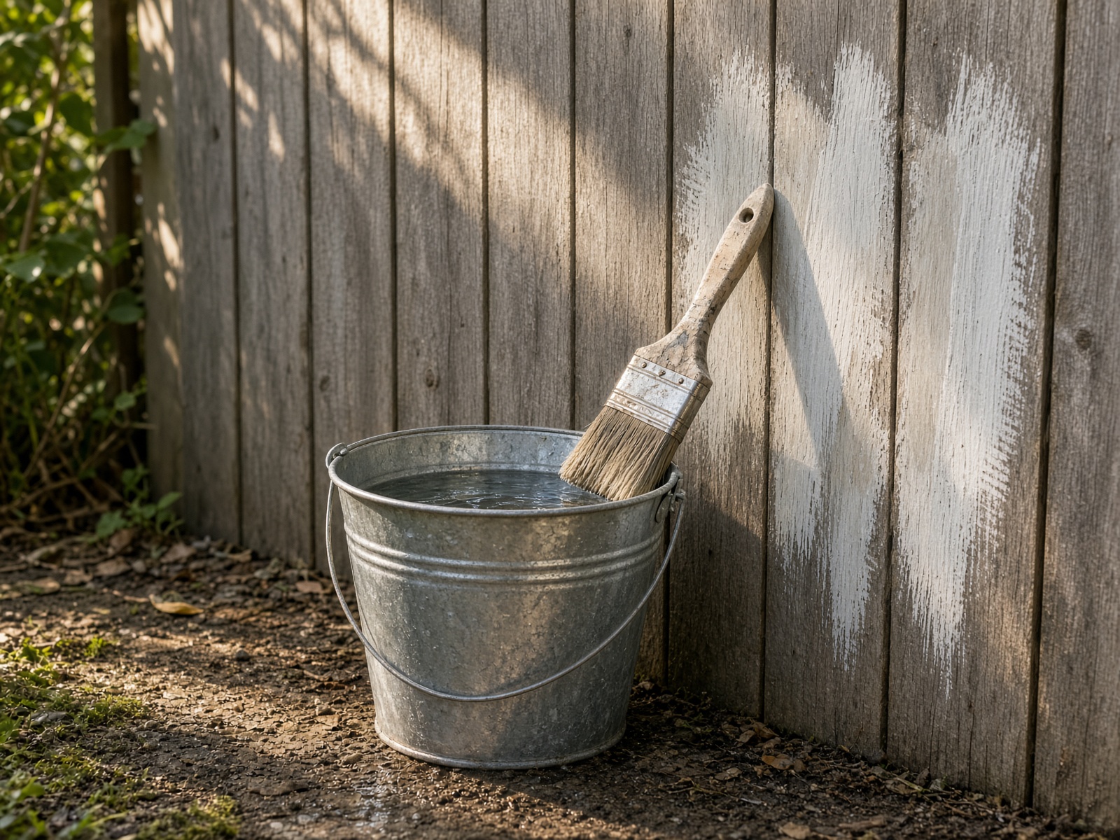 A paintbrush and water bucket beside a wooden fence