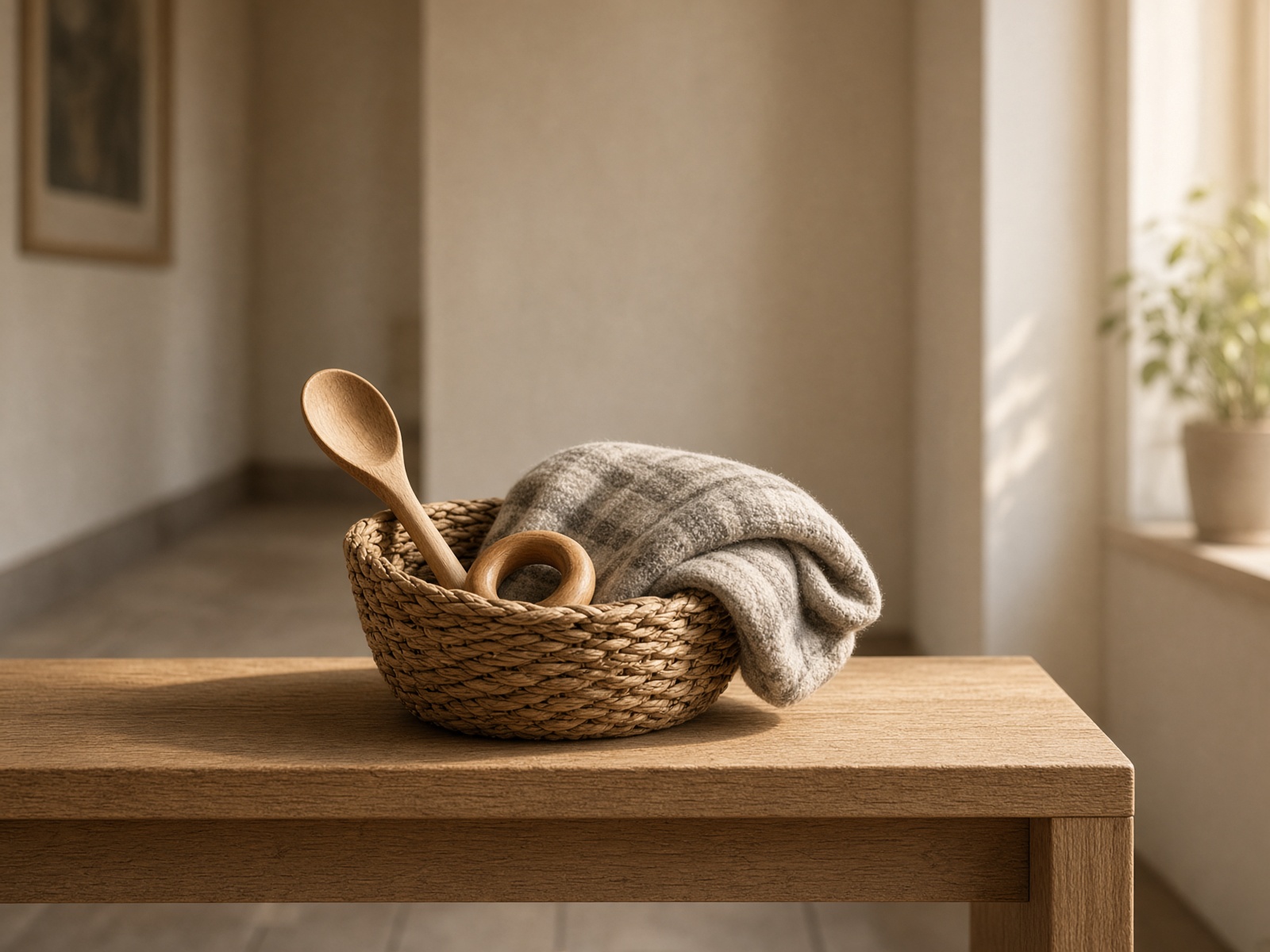 A basket with fabric, a wooden spoon and a ring