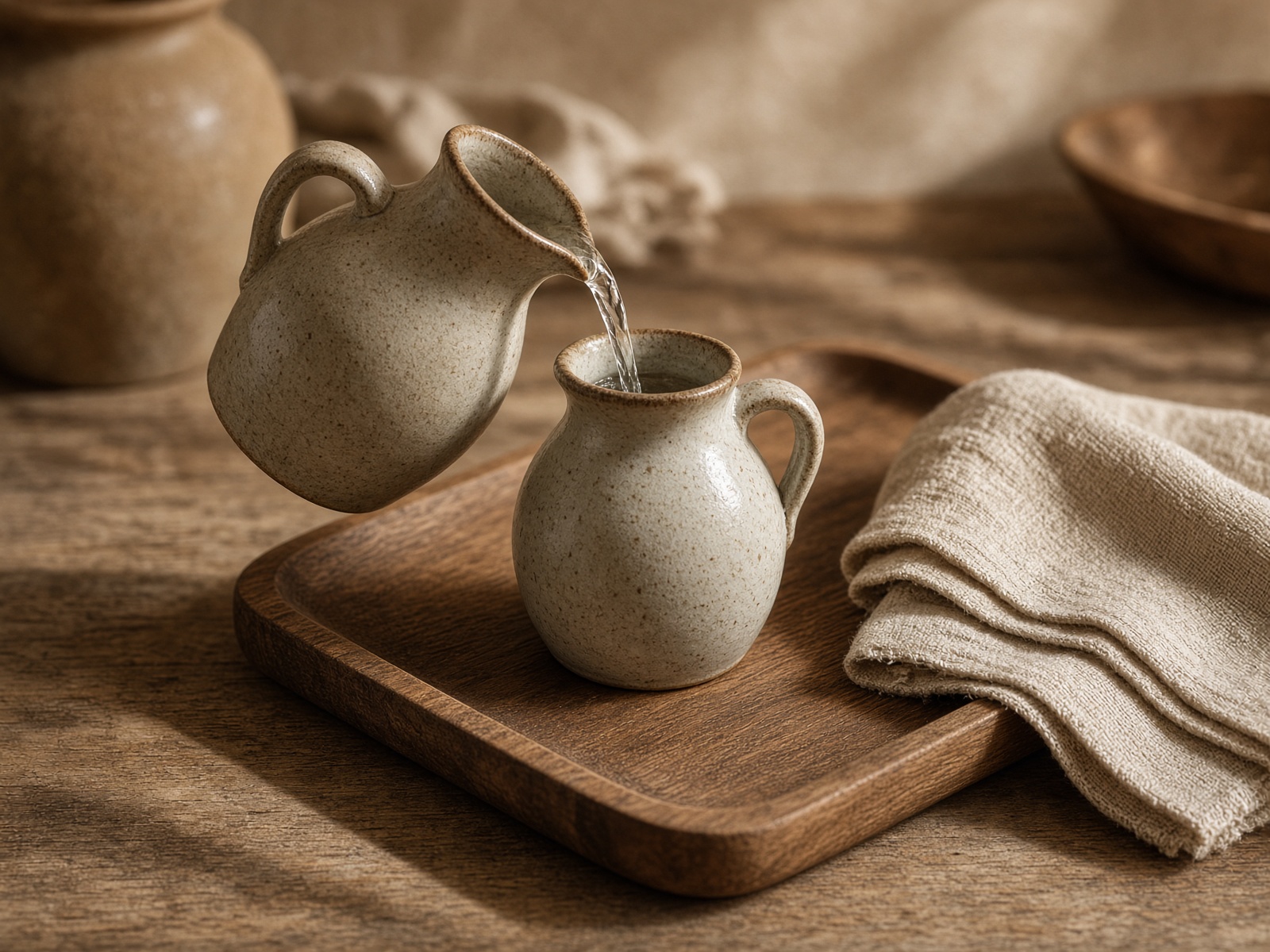 Water being poured between two ceramic jugs